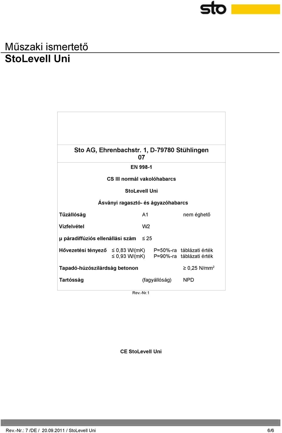 Tűzállóság A1 nem éghető Vízfelvétel W2 μ páradiffúziós ellenállási szám 25 Hővezetési tényező 0,83