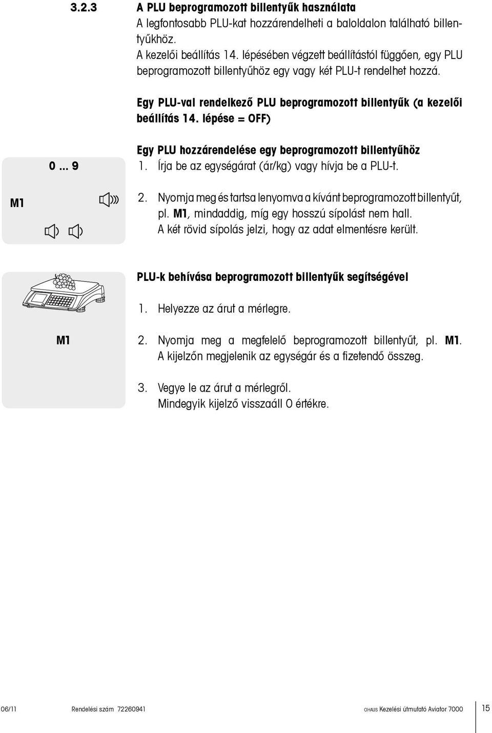 lépése = OFF) 0... 9 Egy PLU hozzárendelése egy beprogramozott billentyűhöz 1. Írja be az egységárat (ár/kg) vagy hívja be a PLU-t. M1 2.