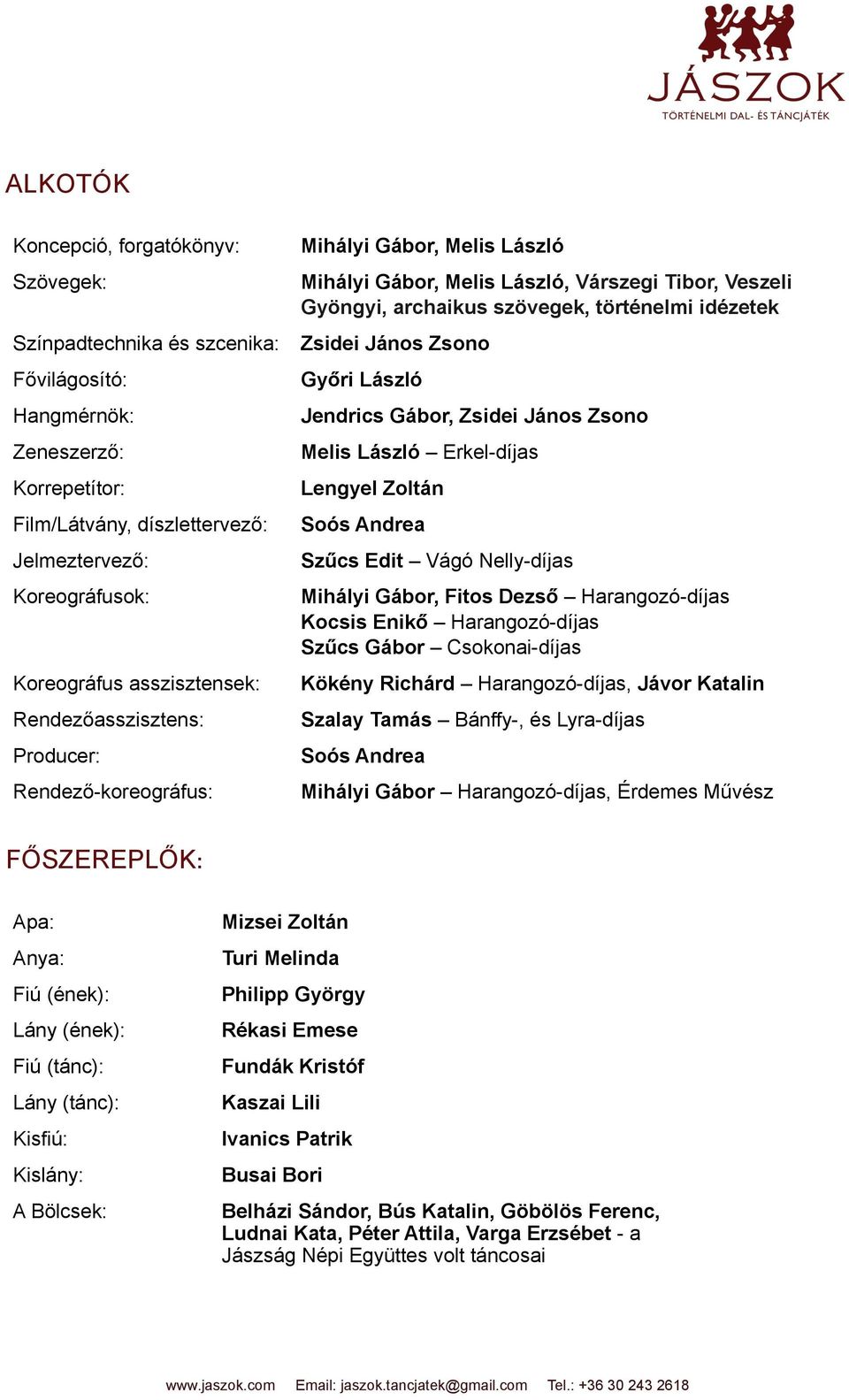 Zsidei János Zsono Győri László Jendrics Gábor, Zsidei János Zsono Melis László Erkel-díjas Lengyel Zoltán Soós Andrea Szűcs Edit Vágó Nelly-díjas Mihályi Gábor, Fitos Dezső Harangozó-díjas Kocsis