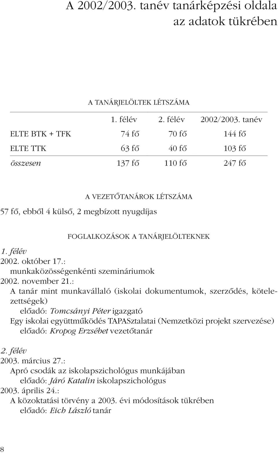 1. félév 2002. október 17.: munkaközösségenkénti szemináriumok 2002. november 21.