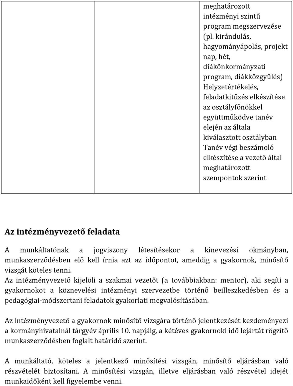 kiválasztott osztályban Tanév végi beszámoló elkészítése a vezető által meghatározott szempontok szerint Az intézményvezető feladata A munkáltatónak a jogviszony létesítésekor a kinevezési okmányban,