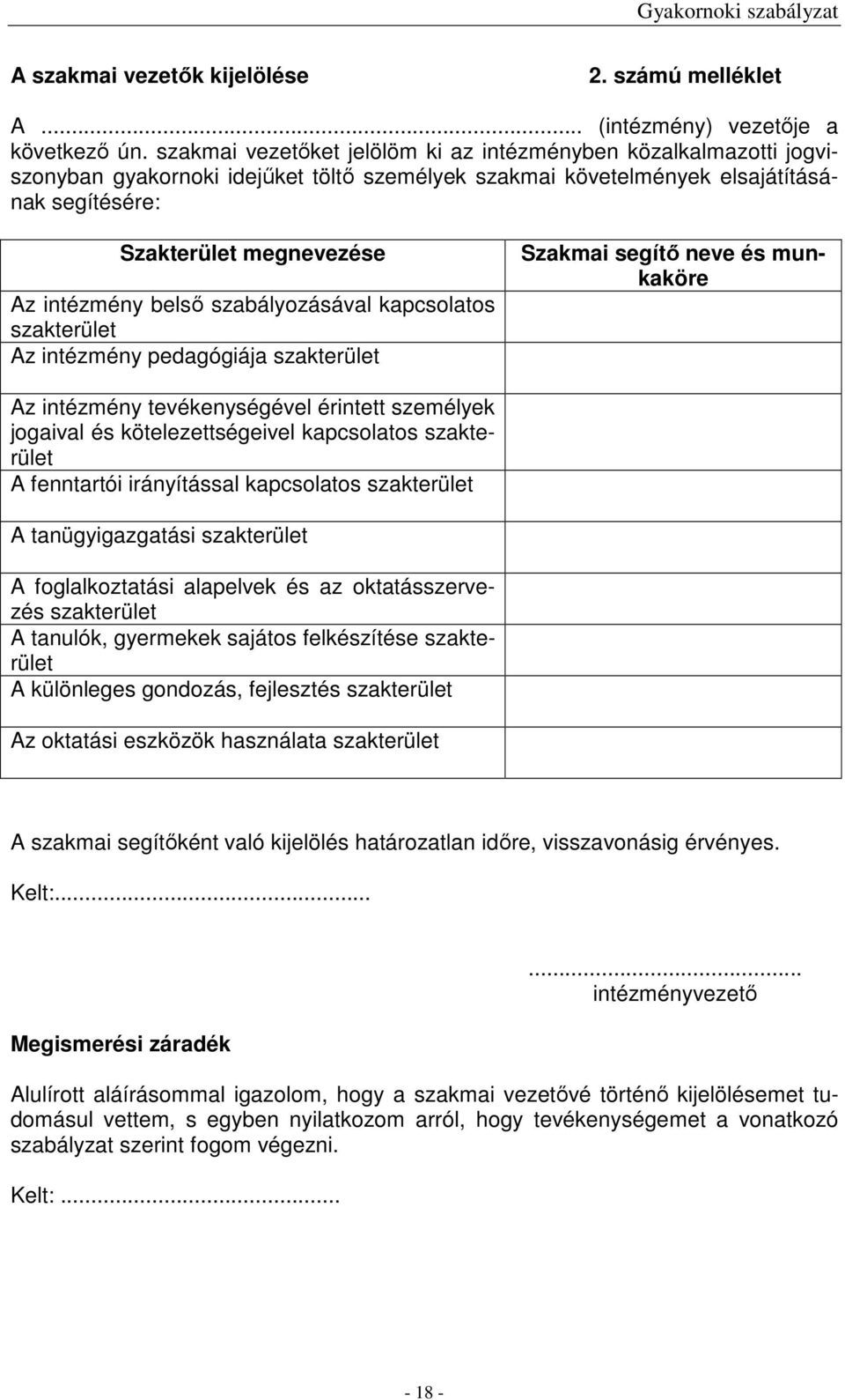 belső szabályozásával kapcsolatos szakterület Az intézmény pedagógiája szakterület Szakmai segítő neve és munkaköre Az intézmény tevékenységével érintett személyek jogaival és kötelezettségeivel