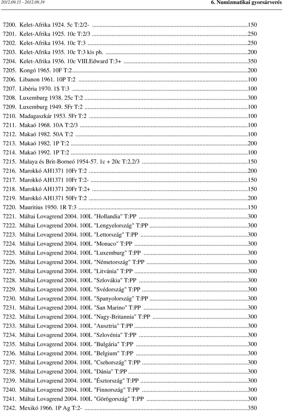 ..100 7210. Madagaszkár 1953. 5Fr T:2...100 7211. Makaó 1968. 10A T:2/3...100 7212. Makaó 1982. 50A T:2...100 7213. Makaó 1982. 1P T:2...200 7214. Makaó 1992. 1P T:2...100 7215.