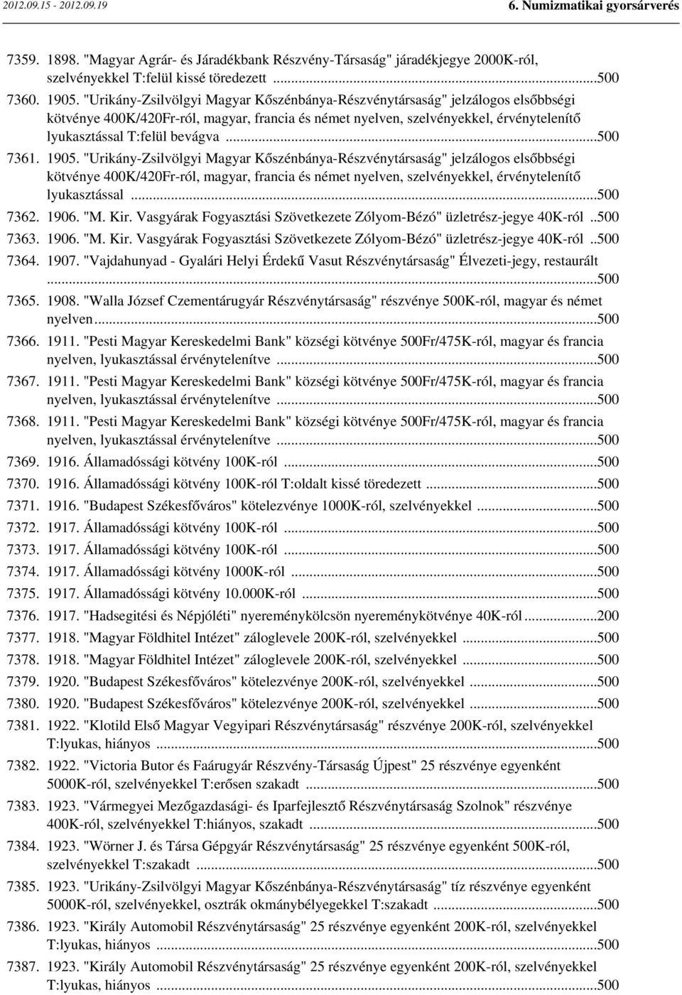 ..500 7361. 1905. "Urikány-Zsilvölgyi Magyar Kőszénbánya-Részvénytársaság" jelzálogos elsőbbségi kötvénye 400K/420Fr-ról, magyar, francia és német nyelven, szelvényekkel, érvénytelenítő lyukasztással.