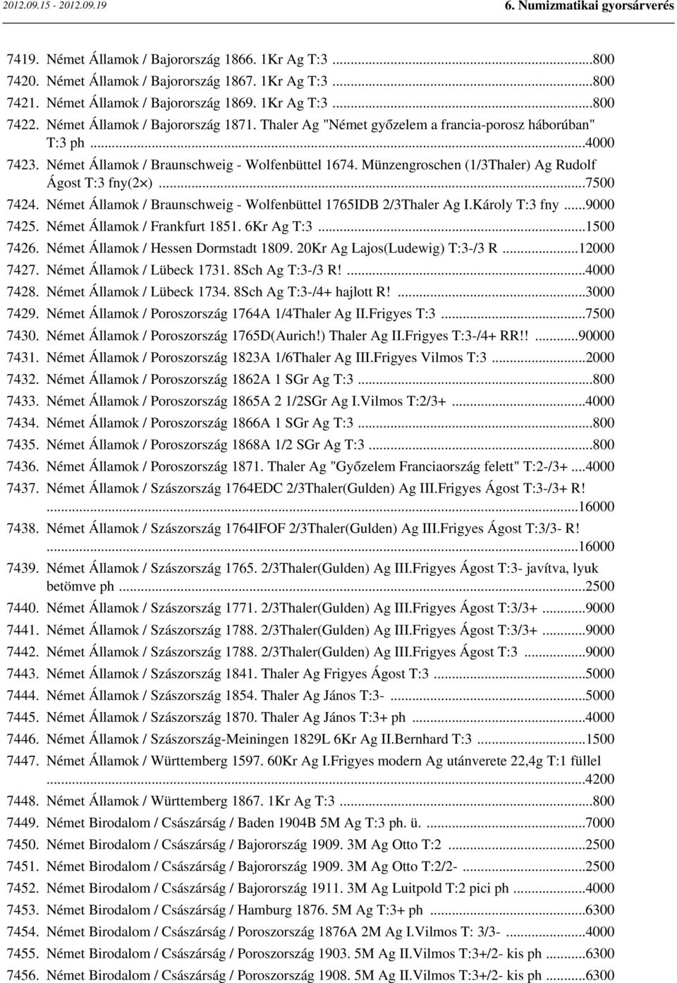 Münzengroschen (1/3Thaler) Ag Rudolf Ágost T:3 fny(2 )...7500 7424. Német Államok / Braunschweig - Wolfenbüttel 1765IDB 2/3Thaler Ag I.Károly T:3 fny...9000 7425. Német Államok / Frankfurt 1851.