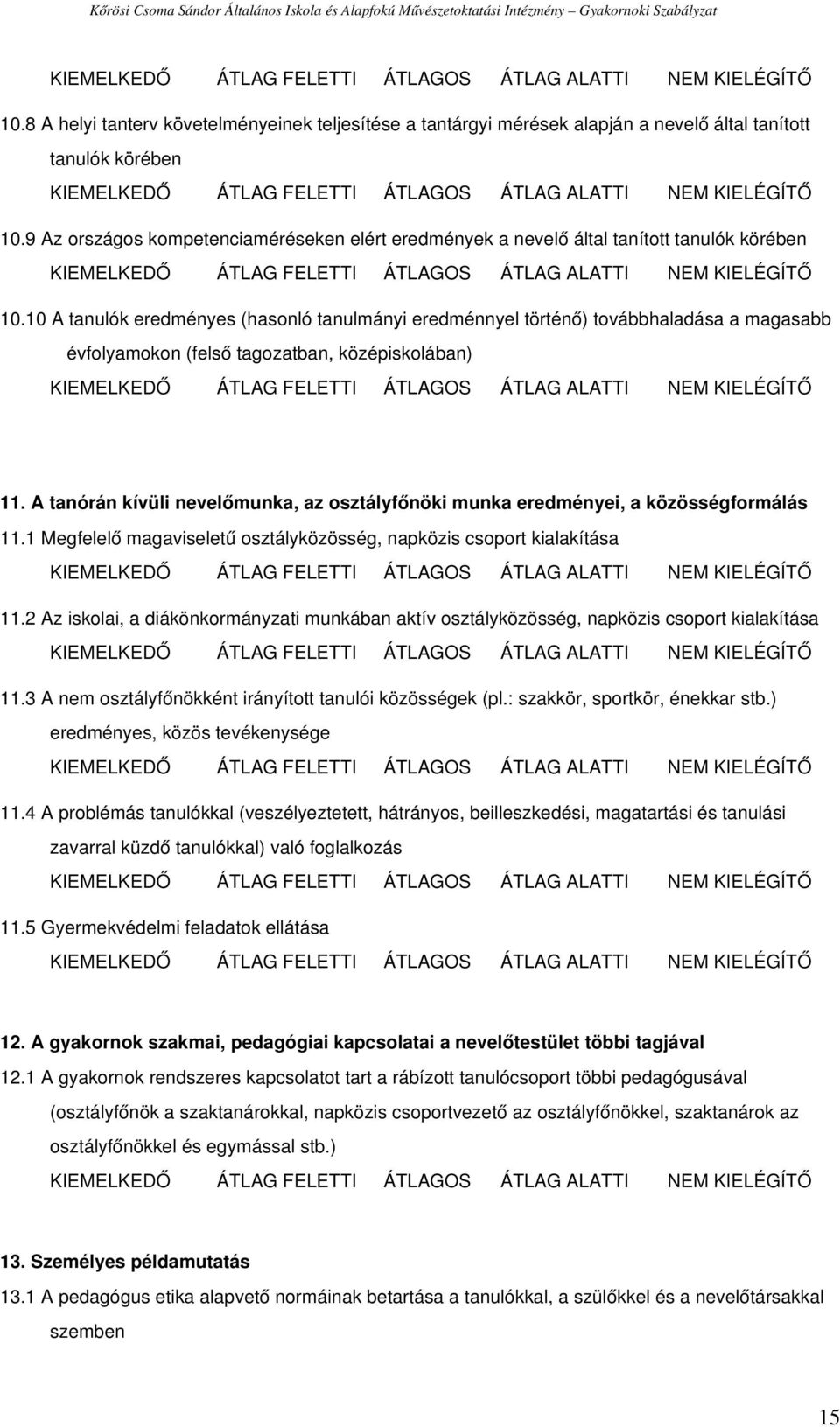 10 A tanulók eredményes (hasonló tanulmányi eredménnyel történő) továbbhaladása a magasabb évfolyamokon (felső tagozatban, középiskolában) 11.