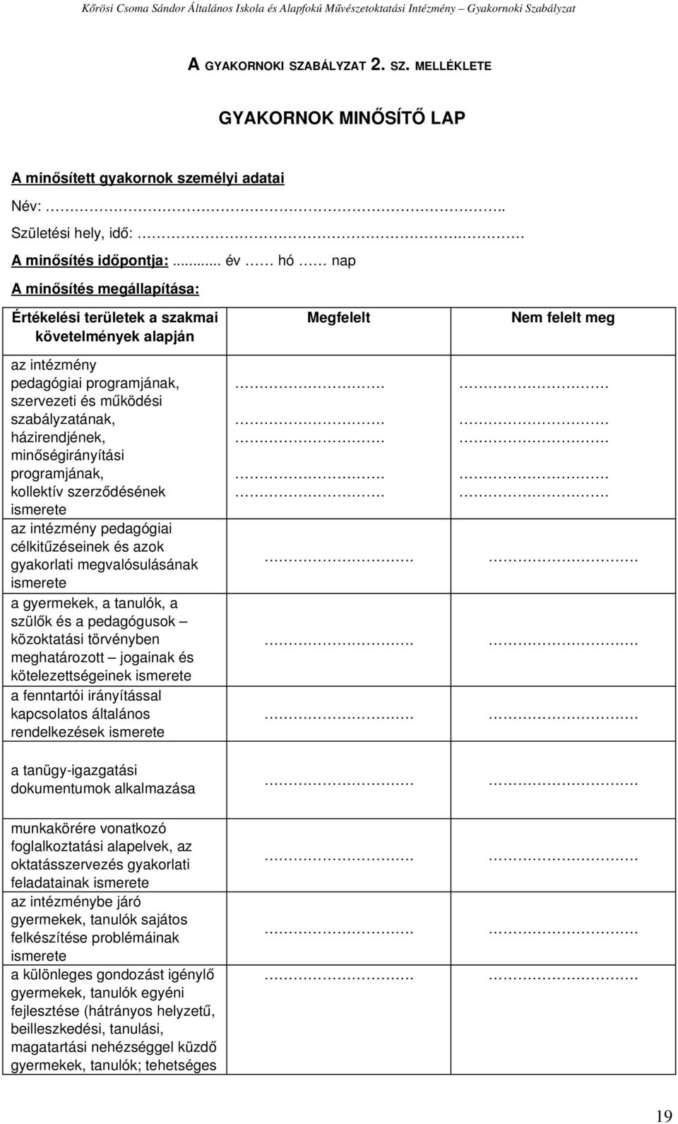 minőségirányítási programjának, kollektív szerződésének ismerete az intézmény pedagógiai célkitűzéseinek és azok gyakorlati megvalósulásának ismerete a gyermekek, a tanulók, a szülők és a pedagógusok