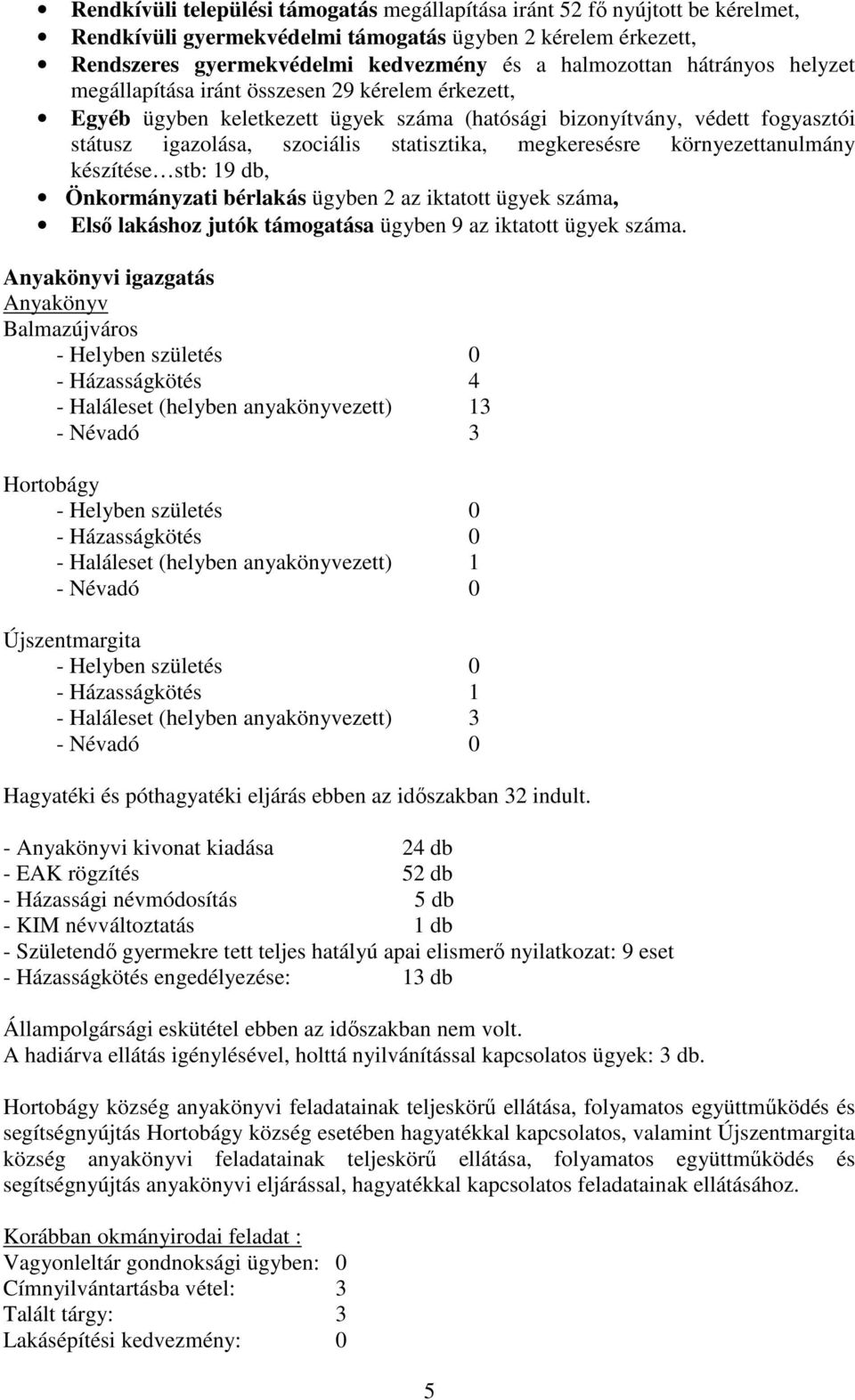 megkeresésre környezettanulmány készítése stb: 19 db, Önkormányzati bérlakás ügyben 2 az iktatott ügyek száma, Első lakáshoz jutók támogatása ügyben 9 az iktatott ügyek száma.