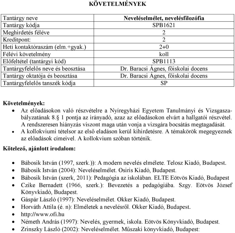 A kollokviumi tételsor az első eladáson kerül kihirdetésre. A témakörök megegyeznek az előadások címeivel. A kollokvium szóban történik. Kötelező, ajánlott irodalom: Bábosik István (1997, szerk.