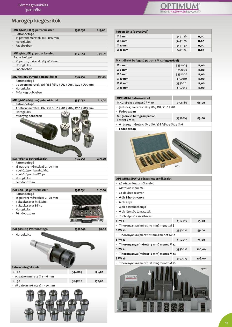 / Ø20 / Ø25 mm Horogkulcs Műanyag dobozban MK 4/M16 (6-25mm) patronkészlet 3352051 212,00 Patronbefogó 7 patron; méretek: Ø6 / Ø8 / Ø10 / Ø12 / Ø16 / Ø20 / Ø25 mm Horogkulcs Műanyag dobozban Patron