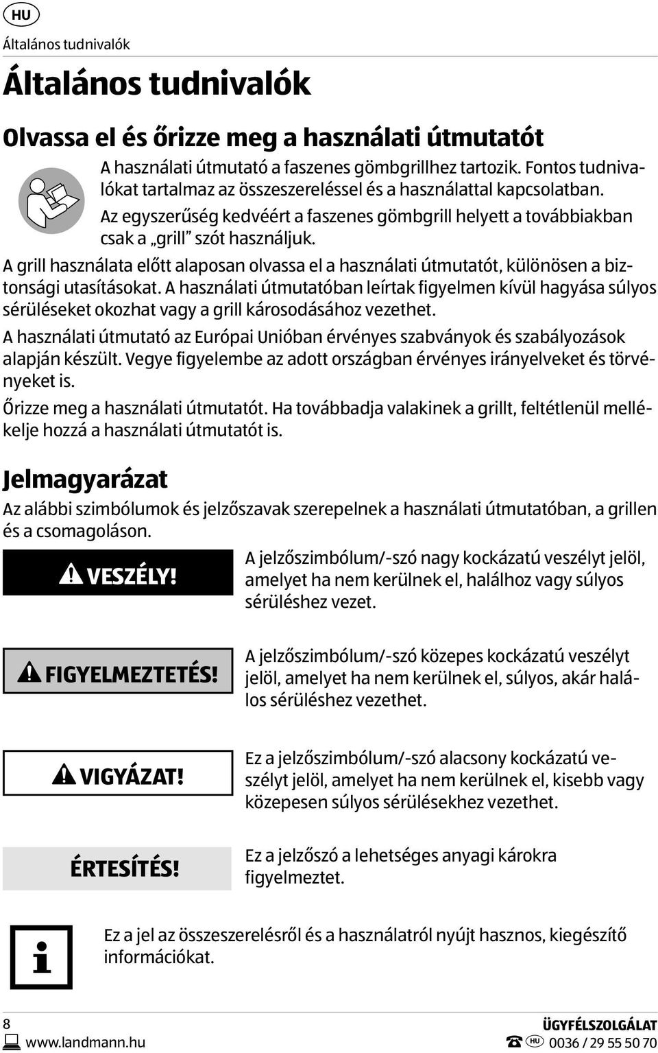 A grill használata előtt alaposan olvassa el a használati útmutatót, különösen a biztonsági utasításokat.