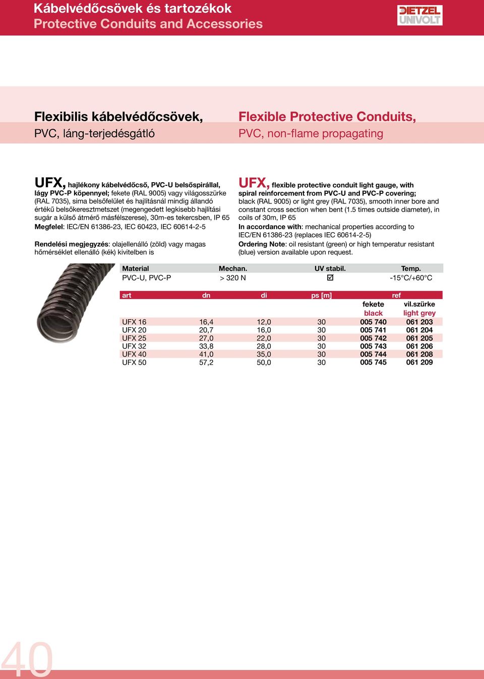 IEC/EN 61386-23, IEC 60423, IEC 60614-2-5 Rendelési megjegyzés: olajellenálló (zöld) vagy magas hőmérséklet ellenálló (kék) kivitelben is UFX, flexible protective conduit light gauge, with spiral