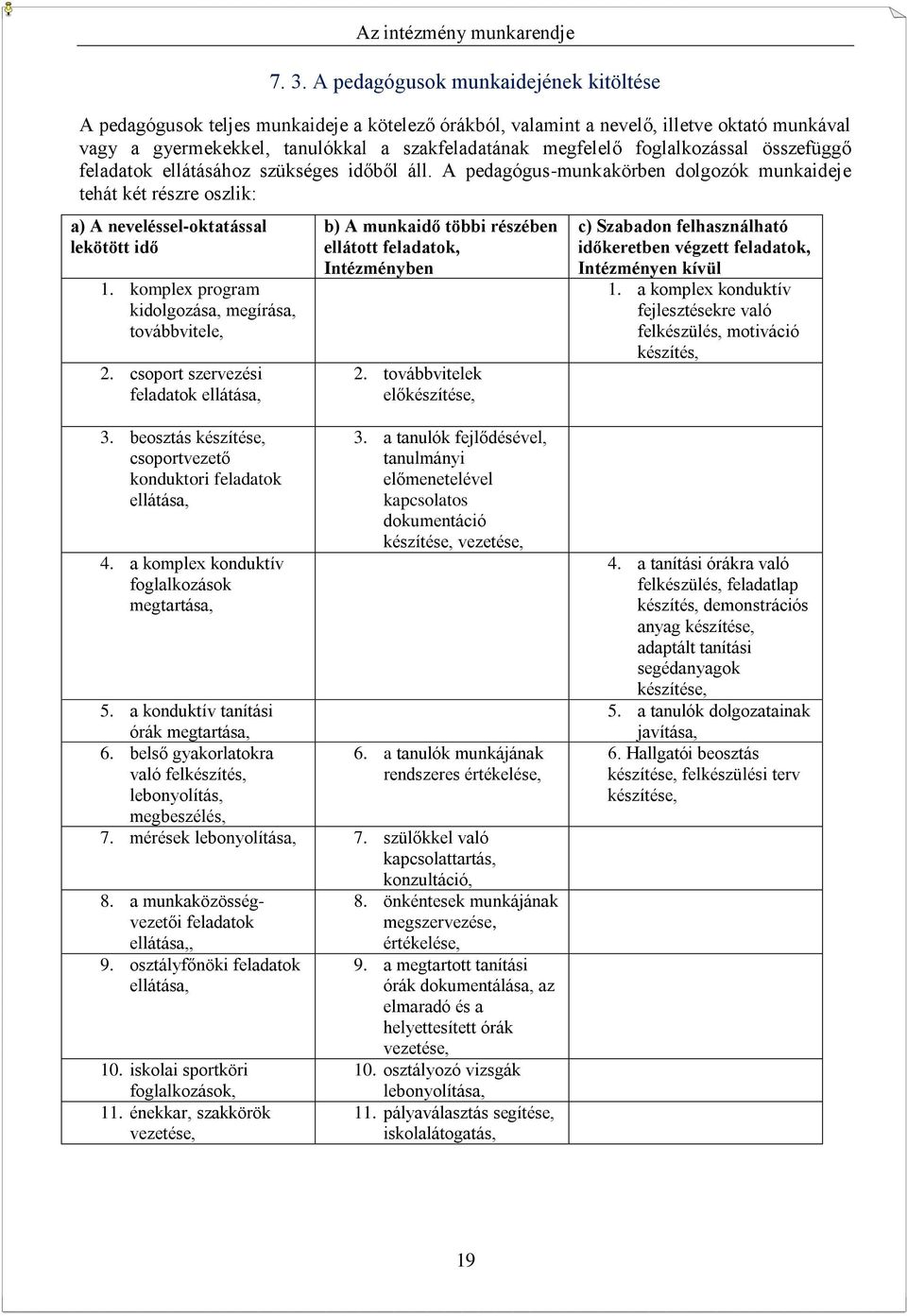 foglalkozással összefüggő feladatok ellátásához szükséges időből áll. A pedagógus-munkakörben dolgozók munkaideje tehát két részre oszlik: a) A neveléssel-oktatással lekötött idő 1.