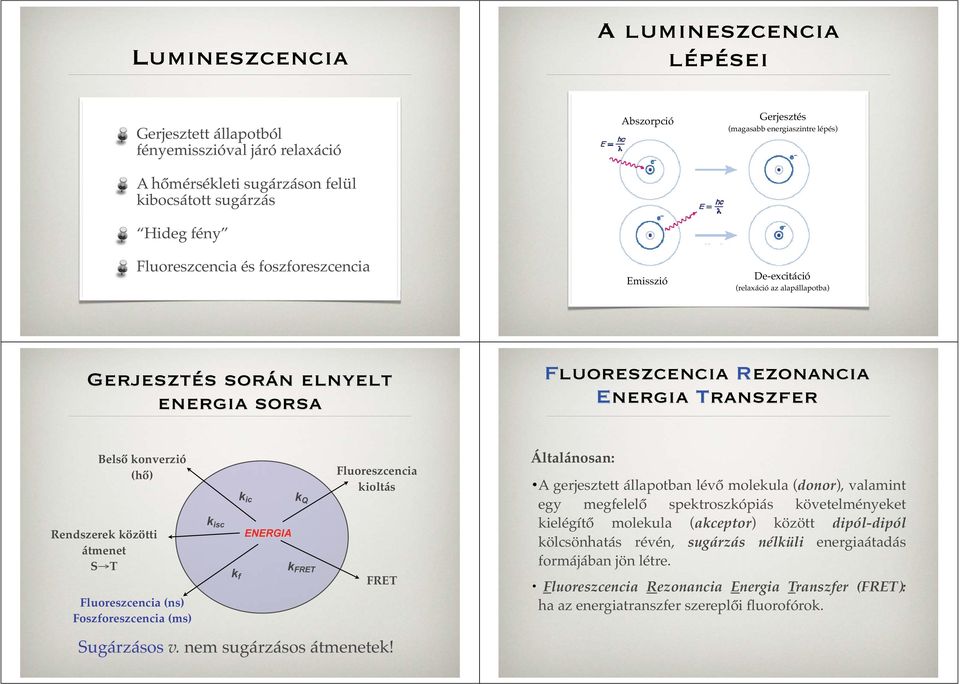 konverzió (hő) Rendszerek közötti átmenet S T Fluoreszcencia (ns) Foszforeszcencia (ms) k isc k ic k Q ENERGIA k k FRET f Fluoreszcencia kioltás FRET Általánosan: A gerjesztett állapotban lévő