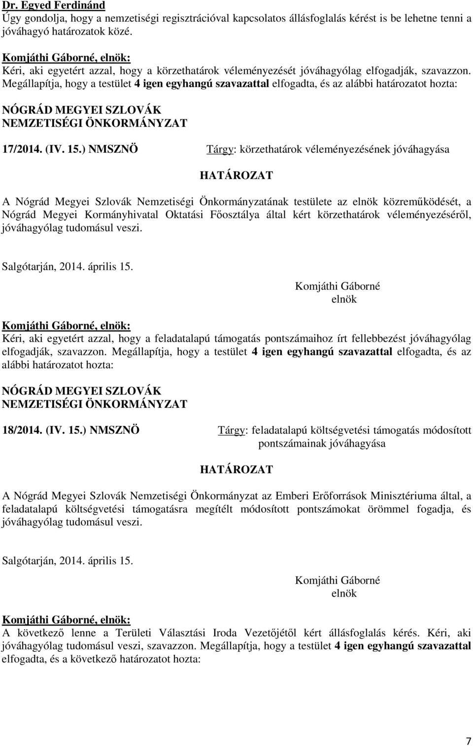 Megállapítja, hogy a testület 4 igen egyhangú szavazattal elfogadta, és az alábbi határozatot hozta: 17/2014. (IV. 15.