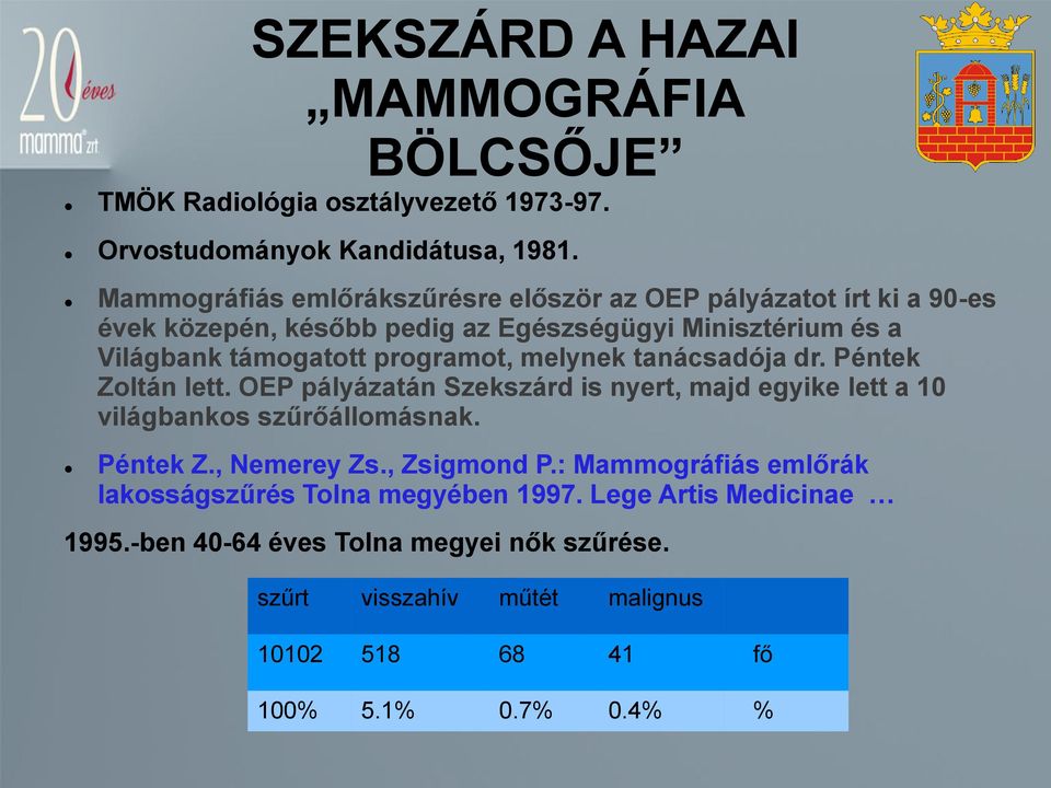 programot, melynek tanácsadója dr. Péntek Zoltán lett. OEP pályázatán Szekszárd is nyert, majd egyike lett a 10 világbankos szűrőállomásnak. Péntek Z., Nemerey Zs.