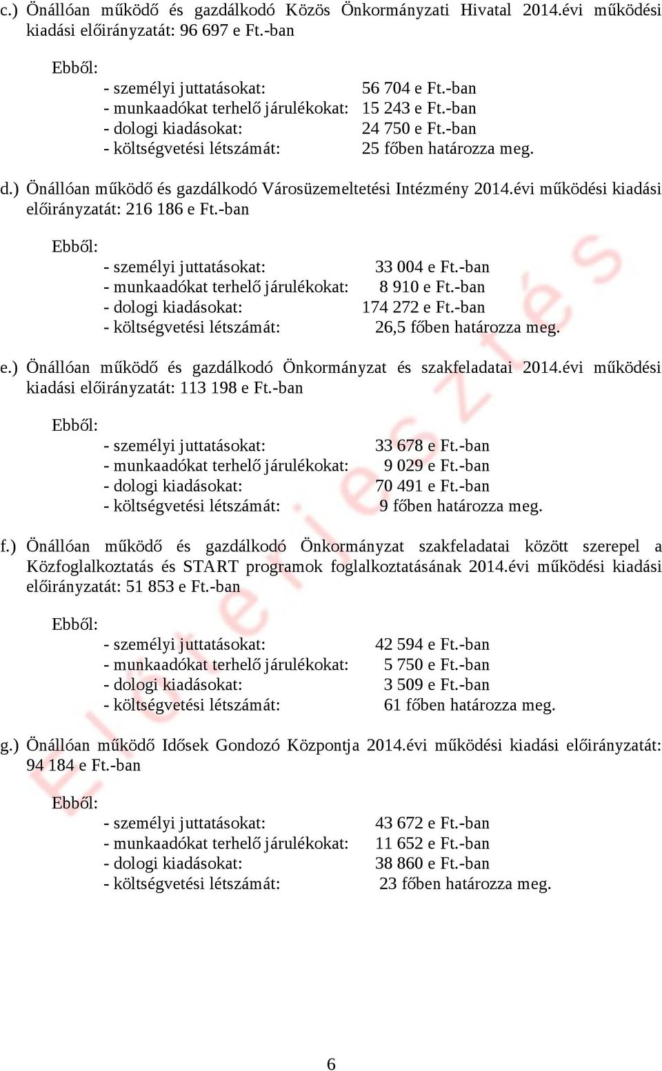 évi működési kiadási előirányzatát: 216 186 e Ft.-ban - személyi juttatásokat: 33 004 e Ft.-ban - munkaadókat terhelő járulékokat: 8 910 e Ft.-ban - dologi kiadásokat: 174 272 e Ft.