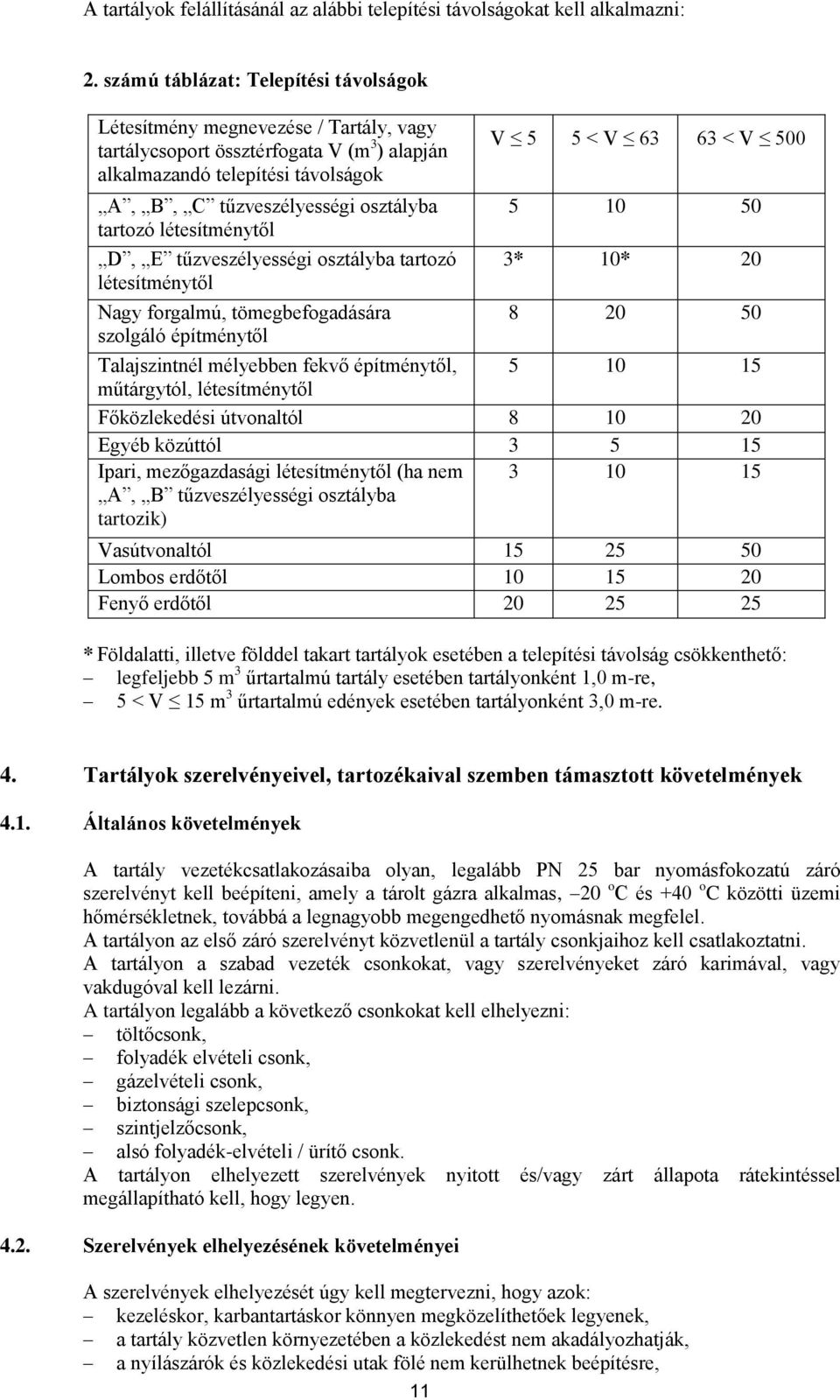 tartozó létesítménytől D, E tűzveszélyességi osztályba tartozó létesítménytől Nagy forgalmú, tömegbefogadására szolgáló építménytől V 5 5 < V 63 63 < V 500 5 10 50 3* 10* 20 8 20 50 Talajszintnél