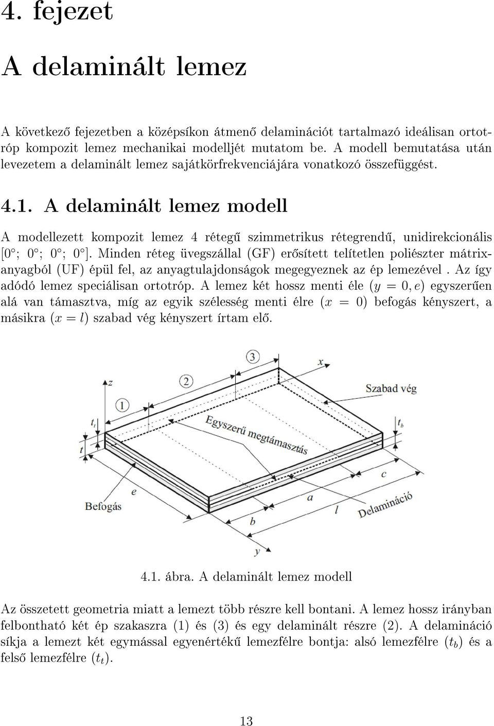 A delaminált lemez modell A modellezett kompozit lemez 4 réteg szimmetrikus rétegrend, unidirekcionális [0 ; 0 ; 0 ; 0 ].