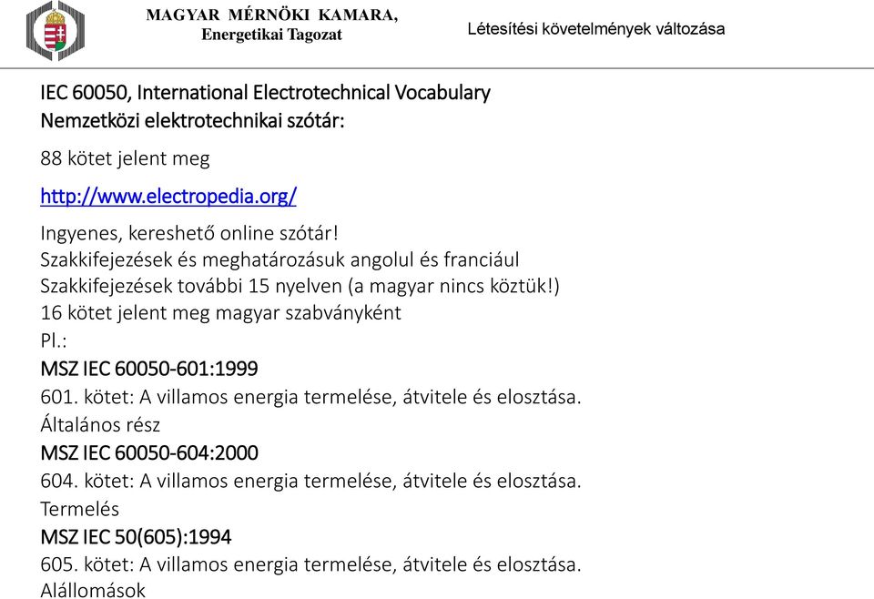 ) 16 kötet jelent meg magyar szabványként Pl.: MSZ IEC 60050-601:1999 601. kötet: A villamos energia termelése, átvitele és elosztása.