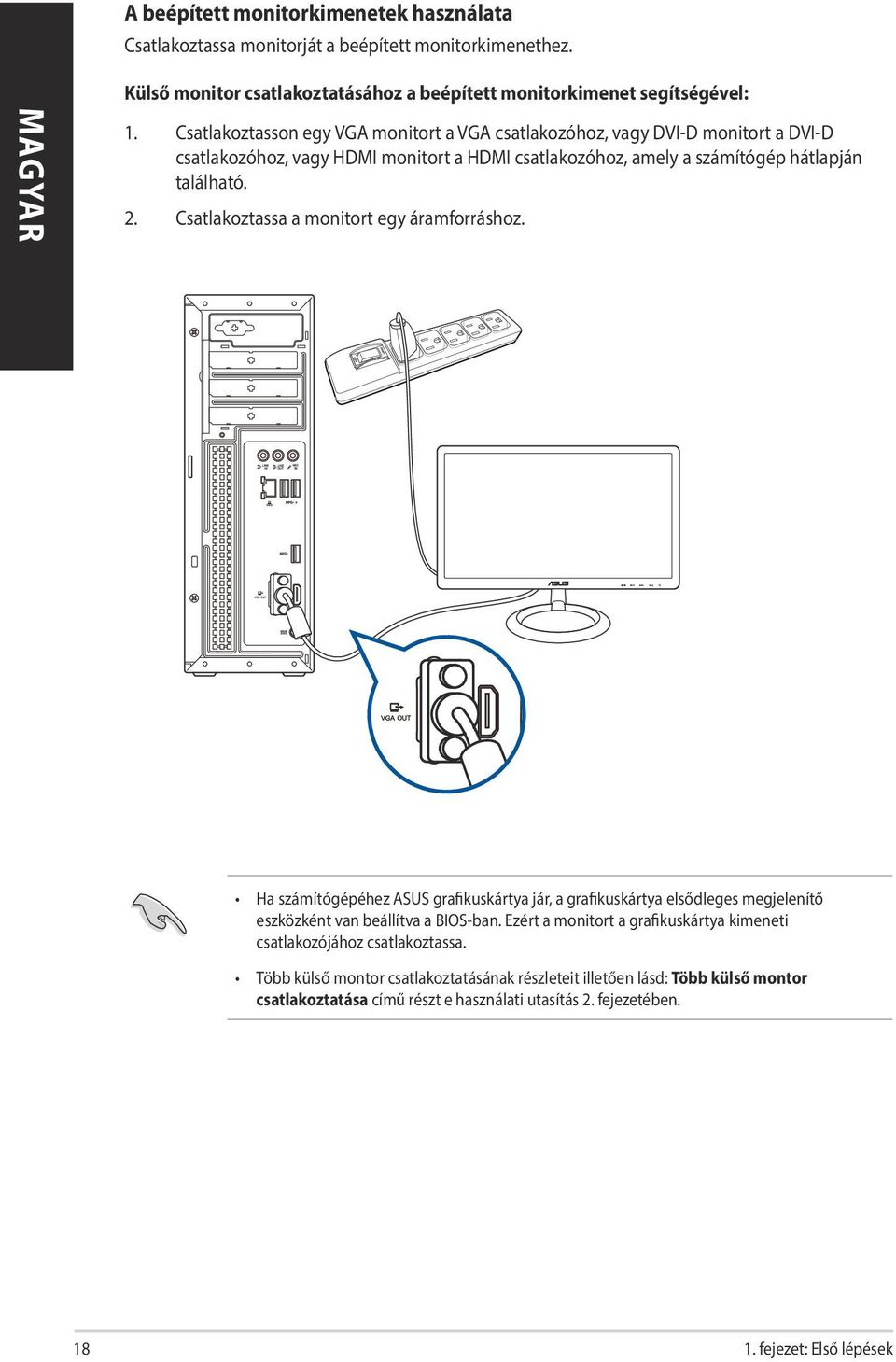 Csatlakoztassa a monitort egy áramforráshoz. Ha számítógépéhez ASUS grafikuskártya jár, a grafikuskártya elsődleges megjelenítő eszközként van beállítva a BIOS-ban.