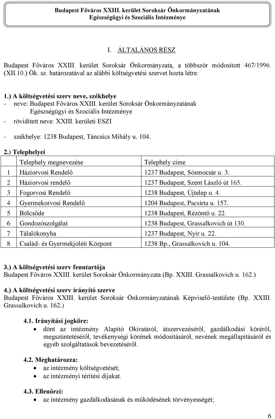 ) Telephelyei Telephely megnevezése Telephely címe 1 Háziorvosi Rendelő 1237 Budapest, Sósmocsár u. 3. 2 Háziorvosi rendelő 1237 Budapest, Szent László út 165.