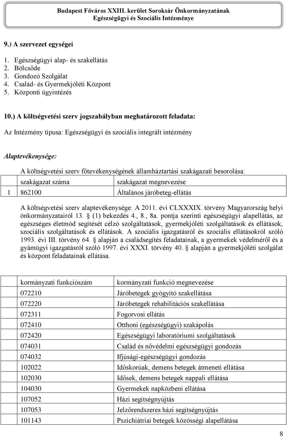 államháztartási szakágazati besorolása: szakágazat száma szakágazat megnevezése 1 862100 Általános járóbeteg-ellátás A költségvetési szerv alaptevékenysége: A 2011. évi CLXXXIX.