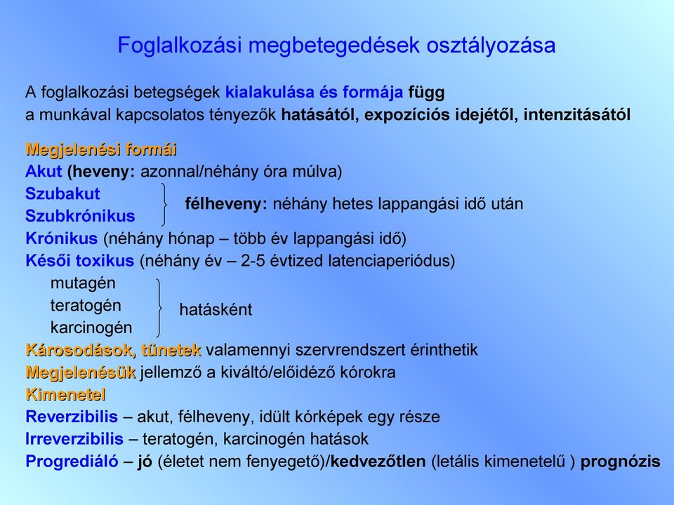 toxikus (néhány év 2-5 évtized latenciaperiódus) mutagén teratogén hatásként karcinogén Károsodások, tünetek valamennyi szervrendszert érinthetik Megjelenésük jellemző a