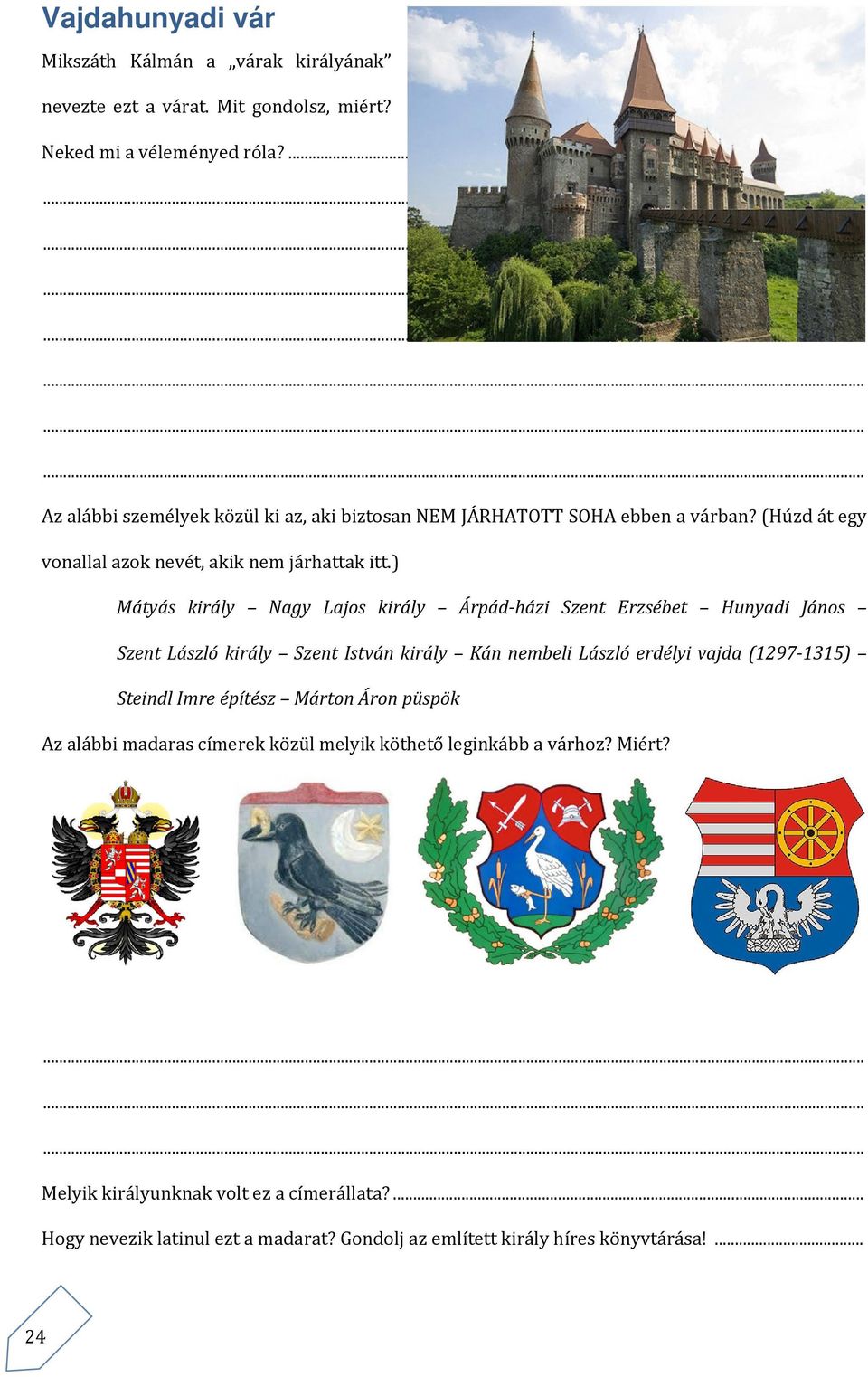 ) Mátyás király Nagy Lajos király Árpád-házi Szent Erzsébet Hunyadi János Szent László király Szent István király Kán nembeli László erdélyi vajda (1297-1315) Steindl