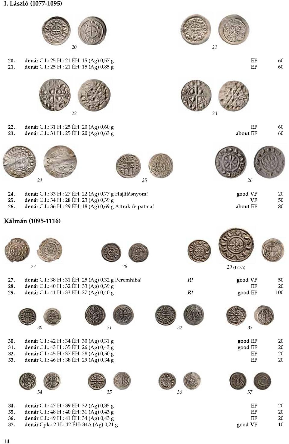 : 28 ÉH: 23 (Ag) 0,39 g VF 50 26. denár C.I.: 36 H.: 29 ÉH: 18 (Ag) 0,69 g Attraktív patina! about EF 80 Kálmán (1095-1116) 27 28 29 (175%) 27. denár C.I.: 38 H.: 31 ÉH: 25 (Ag) 0,32 g Peremhiba! R!