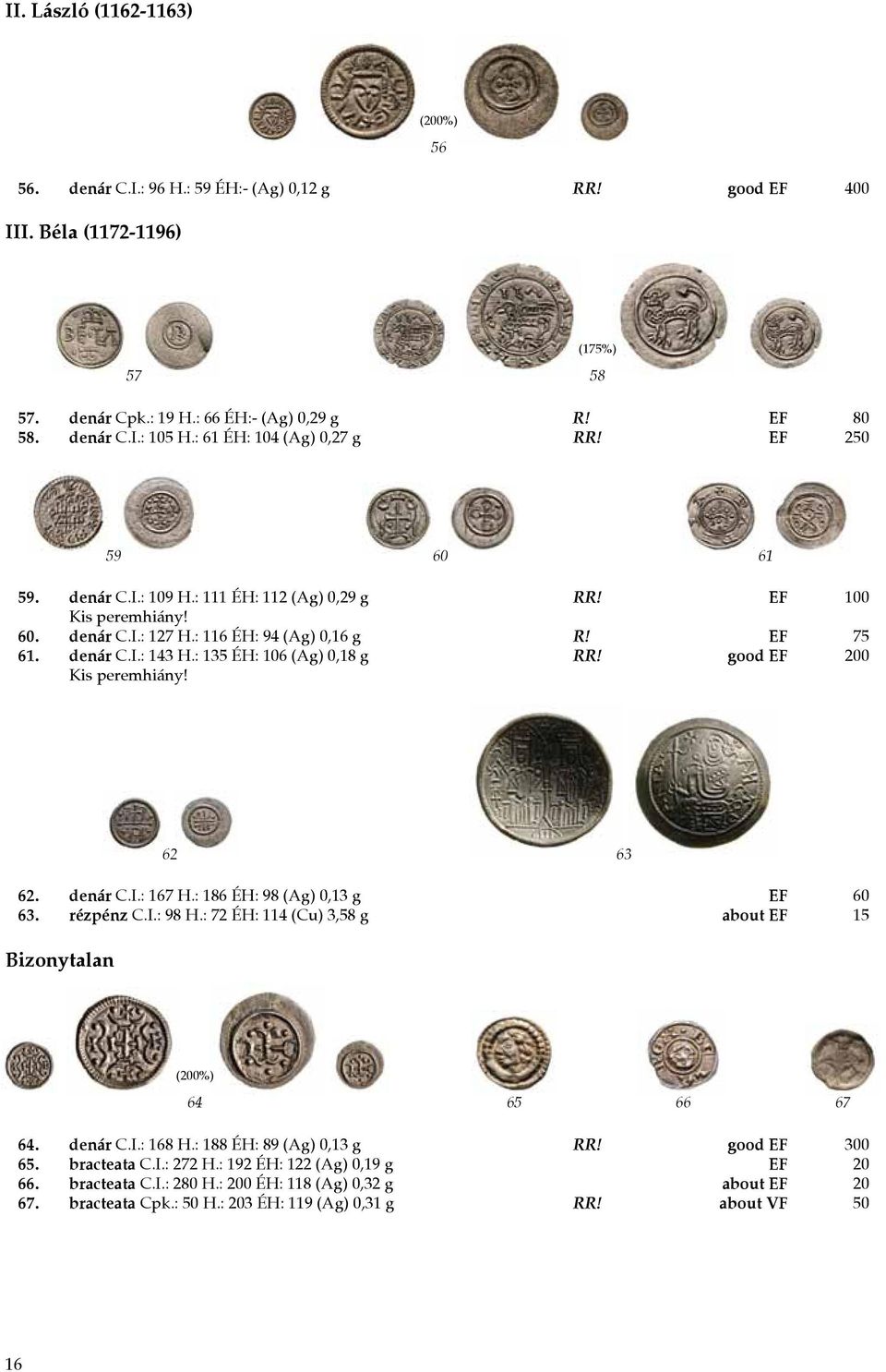 : 135 ÉH: 106 (Ag) 0,18 g RR! good EF 200 Kis peremhiány! 62 63 62. denár C.I.: 167 H.: 186 ÉH: 98 (Ag) 0,13 g EF 60 63. rézpénz C.I.: 98 H.