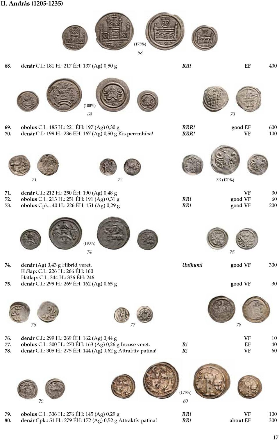 obolus Cpk.: 40 H.: 226 ÉH: 151 (Ag) 0,29 g RR! good VF 200 (180%) 74 75 74. denár (Ag) 0,43 g Hibrid veret. Unikum! good VF 300 Előlap: C.I.: 226 H.: 266 ÉH: 160 Hátlap: C.I.: 344 H.: 336 ÉH: 246 75.