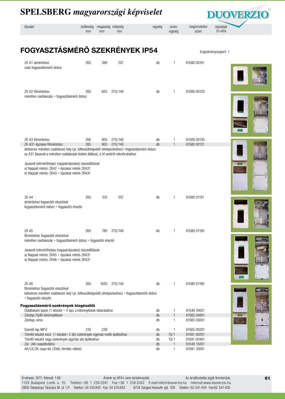 00120 méretlen csatlakozás + fogyasztásmérő doboz ZK A3 főméréshez 265 905 270/140 db 1 61580 00130 ZK A31 éjszakai főméréshez 265 905 270/140 db 1 61580 00131 kétszeres méretlen csatlakozó hely (pl.