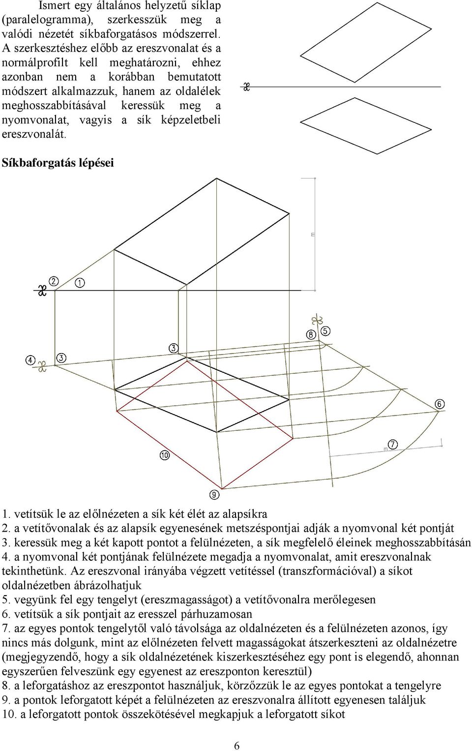 nyomvonalat, vagyis a sík képzeletbeli ereszvonalát. Síkbaforgatás lépései 1. vetítsük le az előlnézeten a sík két élét az alapsíkra 2.