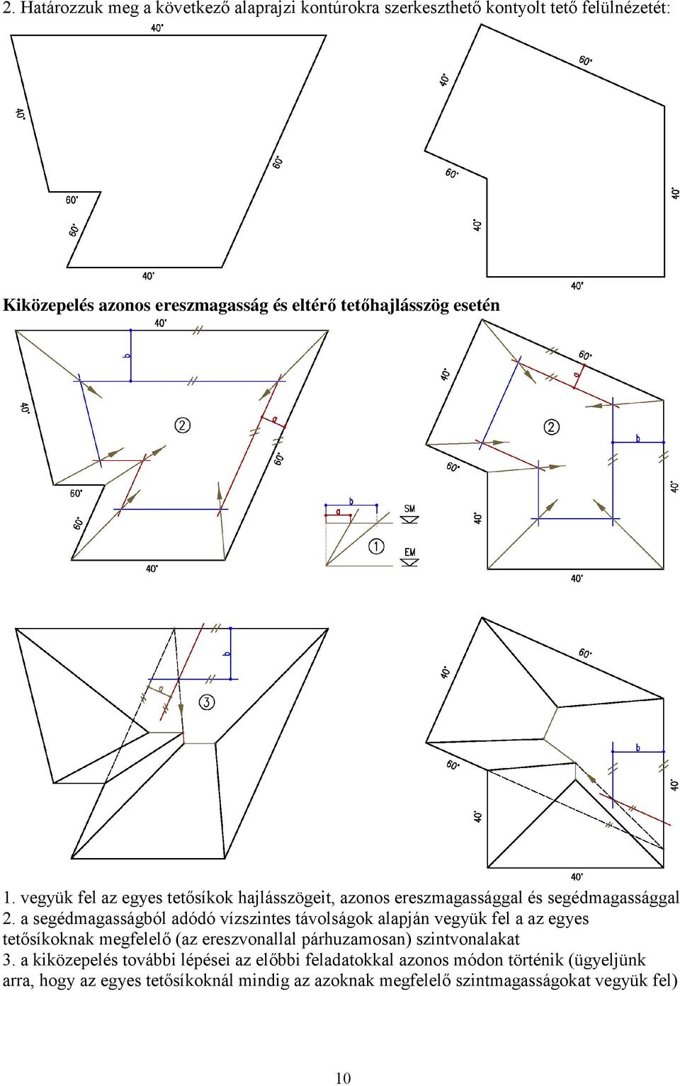 a segédmagasságból adódó vízszintes távolságok alapján vegyük fel a az egyes tetősíkoknak megfelelő (az ereszvonallal párhuzamosan)