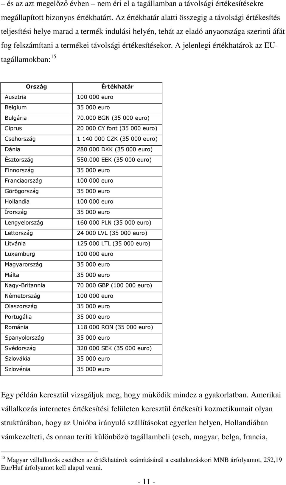 A jelenlegi értékhatárok az EUtagállamokban: 15 Ország Ausztria Belgium Bulgária Ciprus Csehország Dánia Észtország Finnország Franciaország Görögország Hollandia Írország Lengyelország Lettország