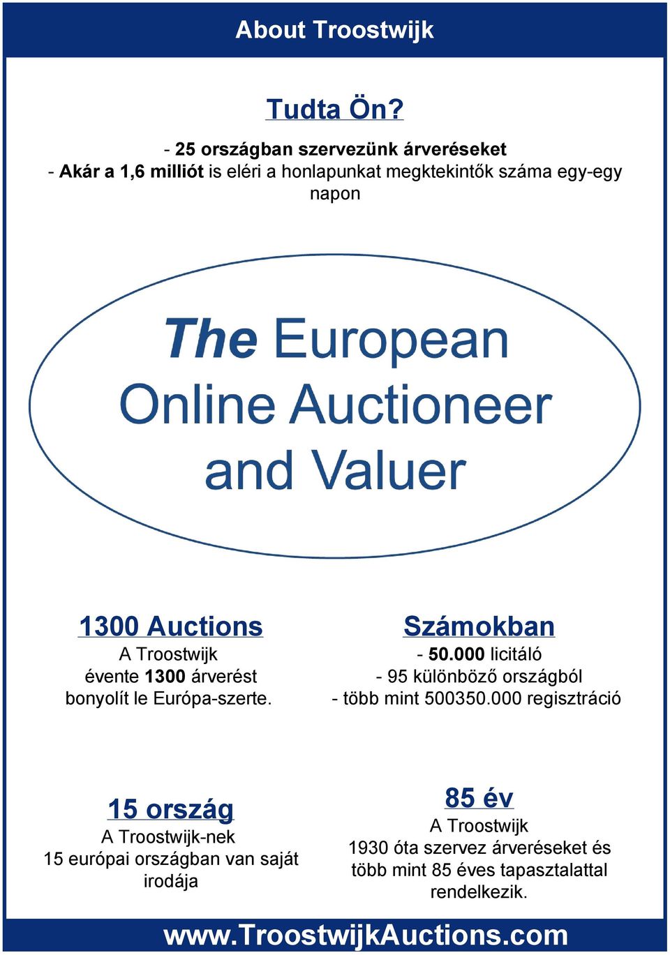 1300 Auctions A Troostwijk évente 1300 árverést bonyolít le Európa szerte. Számokban 50.