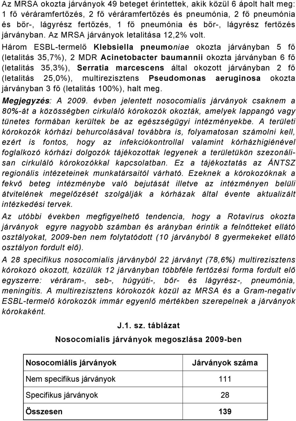 Három ESBL-termelő Klebsiella pneumoniae okozta járványban 5 fő (letalitás 35,7%), 2 MDR Acinetobacter baumannii okozta járványban 6 fő (letalitás 35,3%), Serratia marcescens által okozott járványban