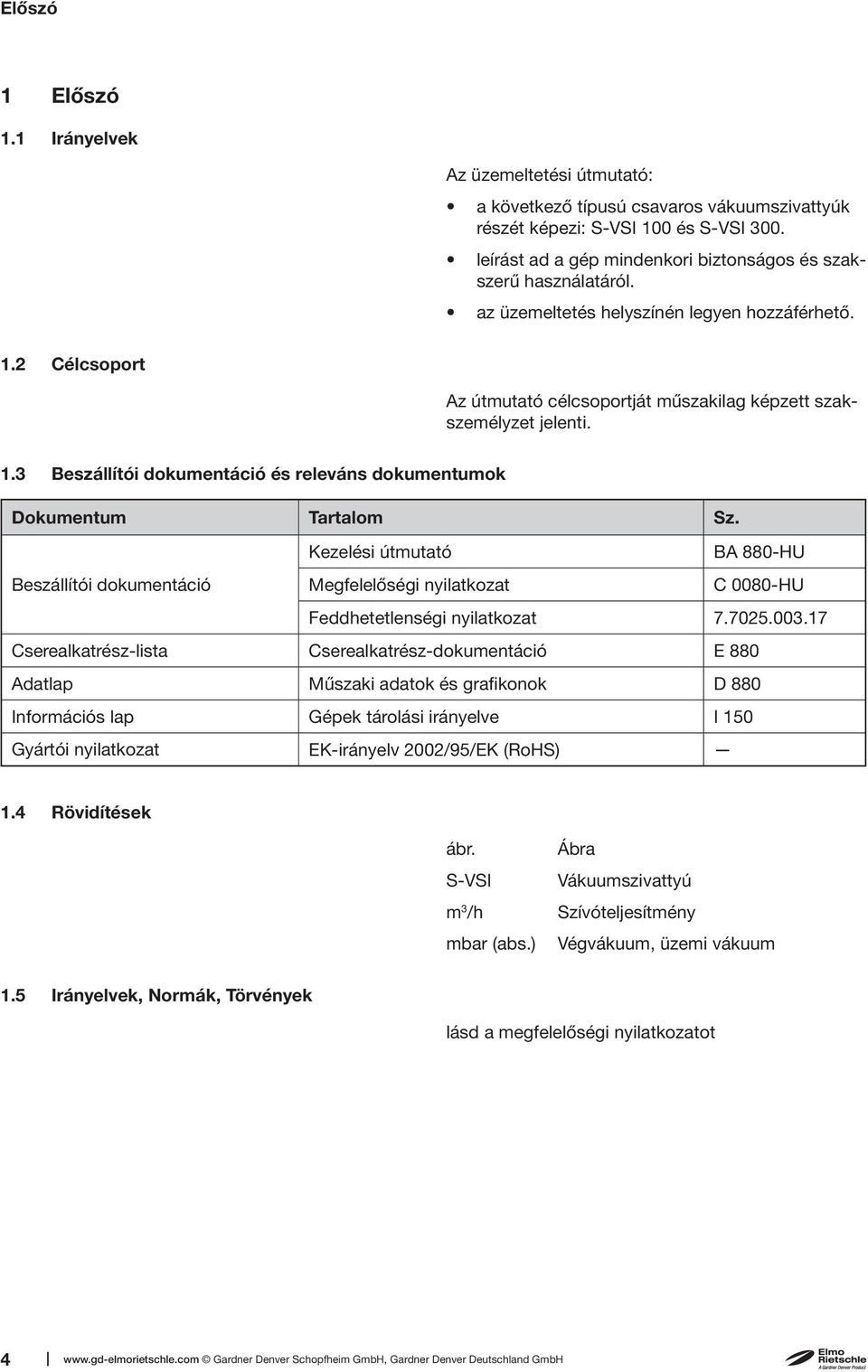 1.3 Beszállítói dokumentáció és releváns dokumentumok Dokumentum Tartalom Sz. Kezelési útmutató BA 880-HU Beszállítói dokumentáció Megfelelőségi nyilatkozat C 0080-HU Feddhetetlenségi nyilatkozat 7.