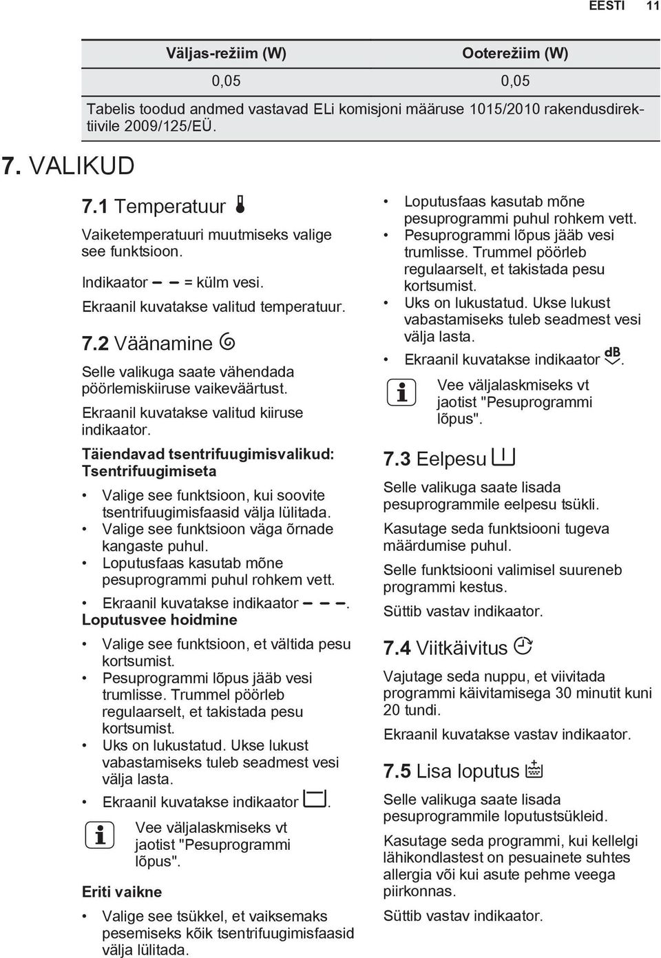 Täiendavad tsentrifuugimisvalikud: Tsentrifuugimiseta Valige see funktsioon, kui soovite tsentrifuugimisfaasid välja lülitada. Valige see funktsioon väga õrnade kangaste puhul.