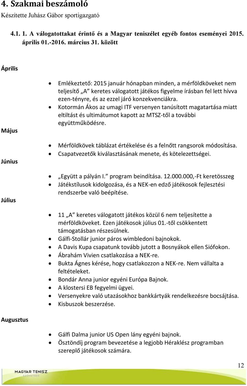 ezzel járó konzekvenciákra. Kotormán Ákos az umagi ITF versenyen tanúsított magatartása miatt eltiltást és ultimátumot kapott az MTSZ-től a további együttműködésre.