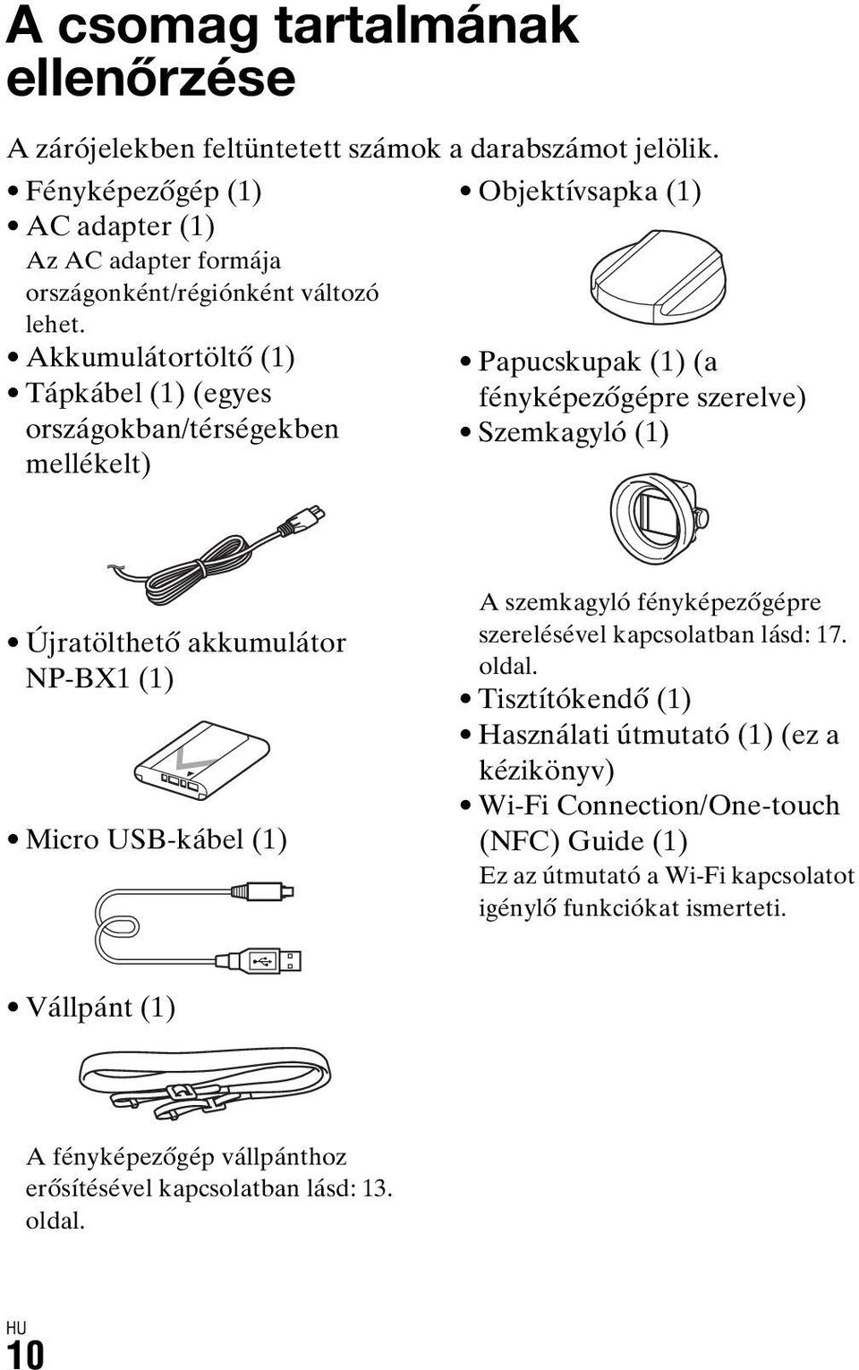 Akkumulátortöltő (1) Papucskupak (1) (a Tápkábel (1) (egyes fényképezőgépre szerelve) országokban/térségekben Szemkagyló (1) mellékelt) Újratölthető akkumulátor NP-BX1 (1) Micro