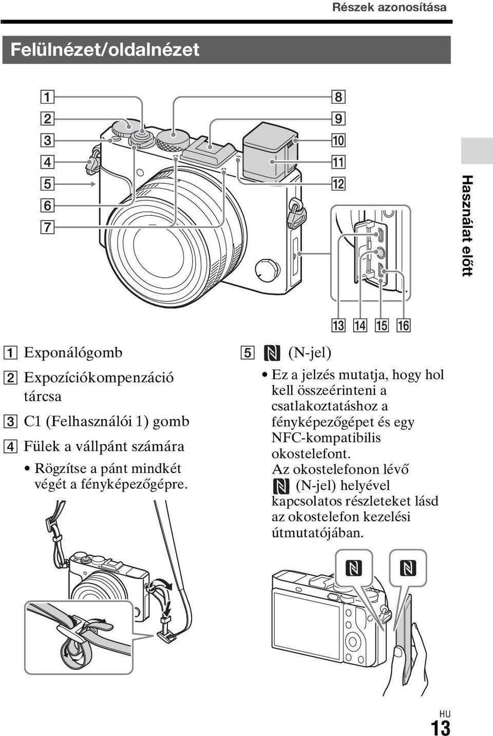 E (N-jel) Ez a jelzés mutatja, hogy hol kell összeérinteni a csatlakoztatáshoz a fényképezőgépet és egy