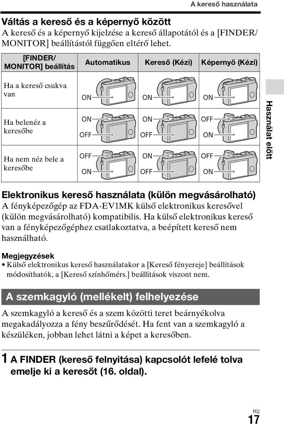 megvásárolható) A fényképezőgép az FDA-EV1MK külső elektronikus keresővel (külön megvásárolható) kompatibilis.