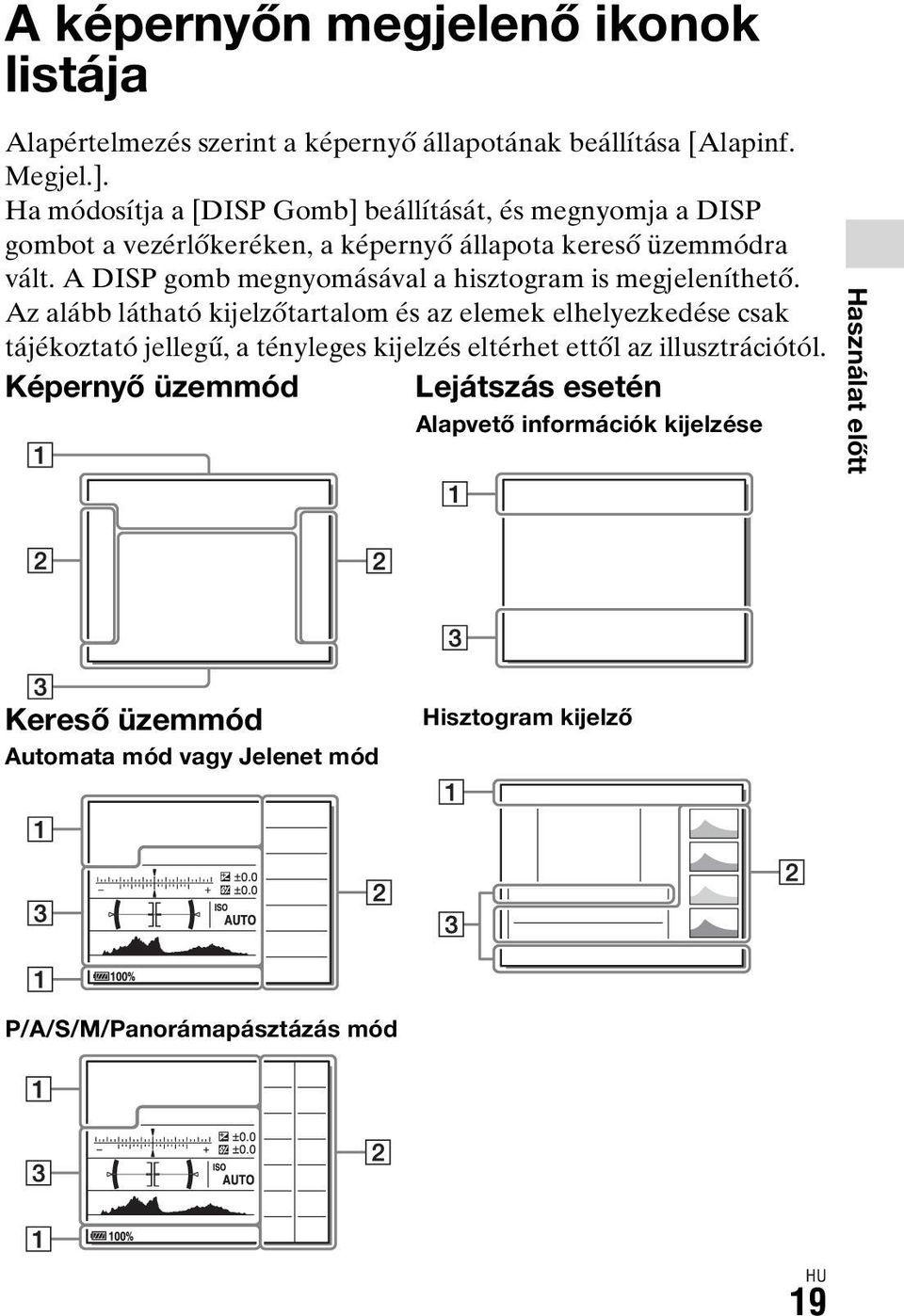 A DISP gomb megnyomásával a hisztogram is megjeleníthető.