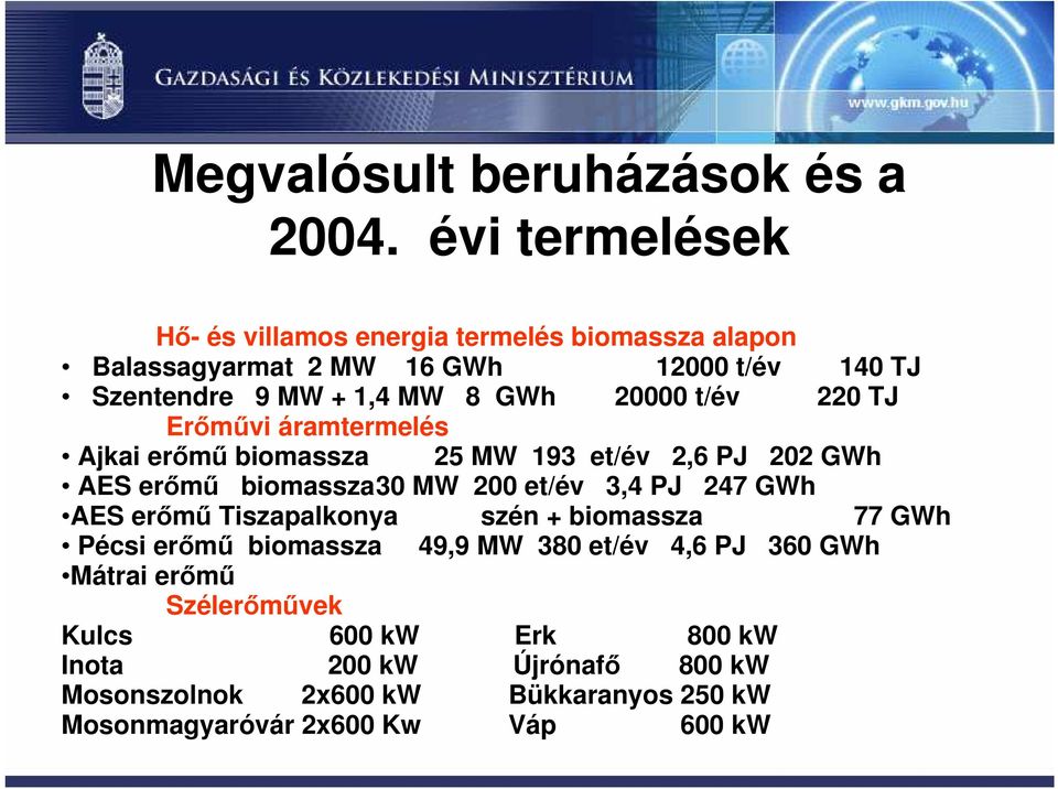 20000 t/év 220 TJ Erőművi áramtermelés Ajkai erőmű biomassza 25 MW 193 et/év 2,6 PJ 202 GWh AES erőmű biomassza30 MW 200 et/év 3,4 PJ 247 GWh