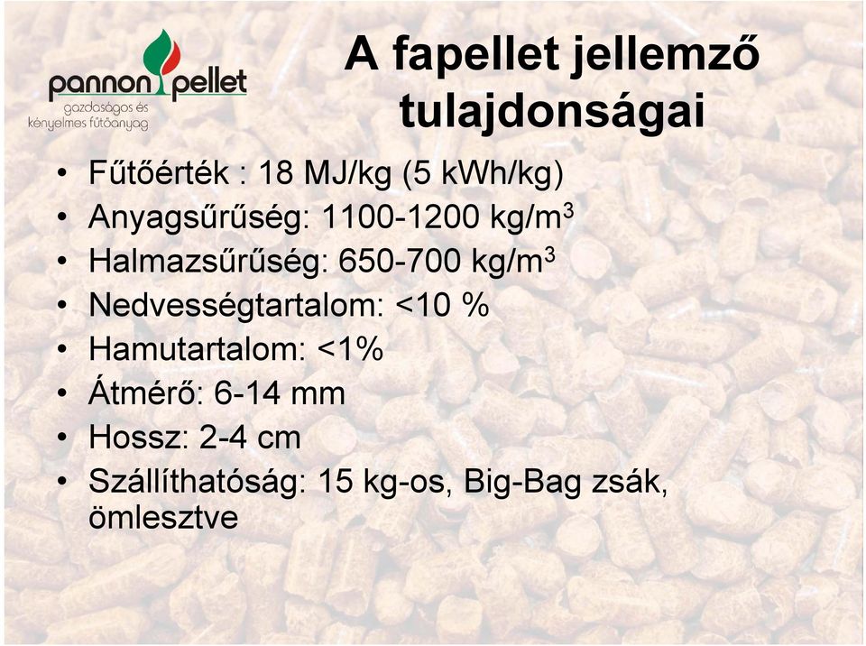 kg/m 3 Nedvességtartalom: <10 % Hamutartalom: <1% Átmérő: 6-14