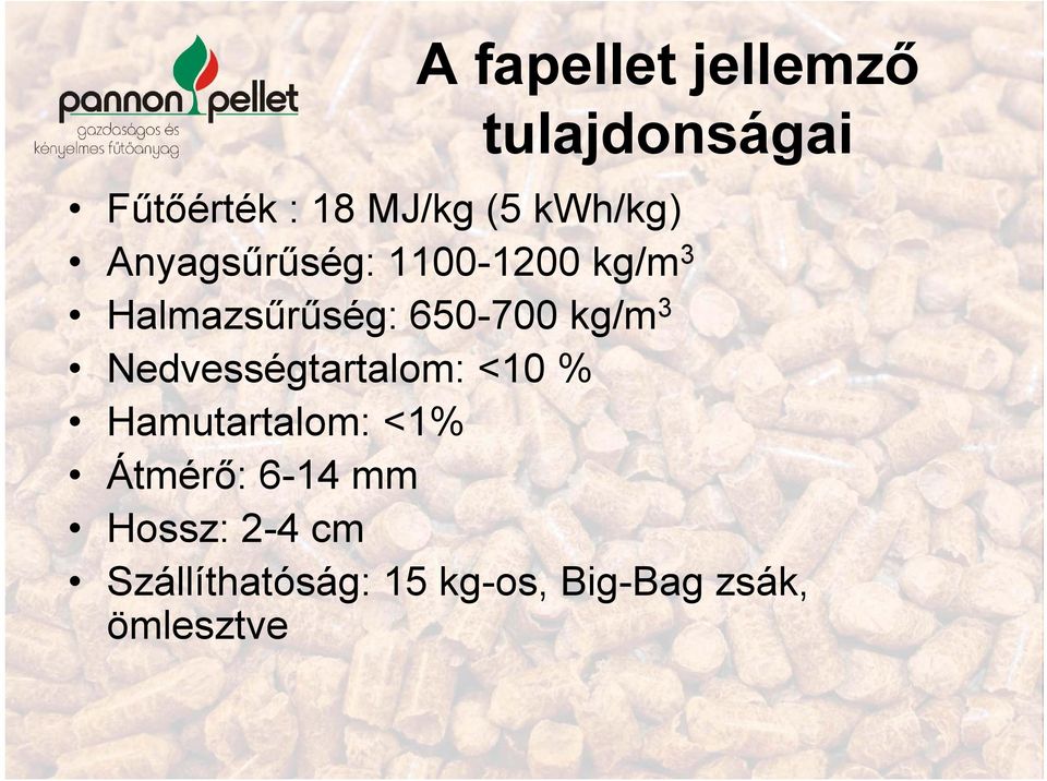 kg/m 3 Nedvességtartalom: <10 % Hamutartalom: <1% Átmérő: 6-14