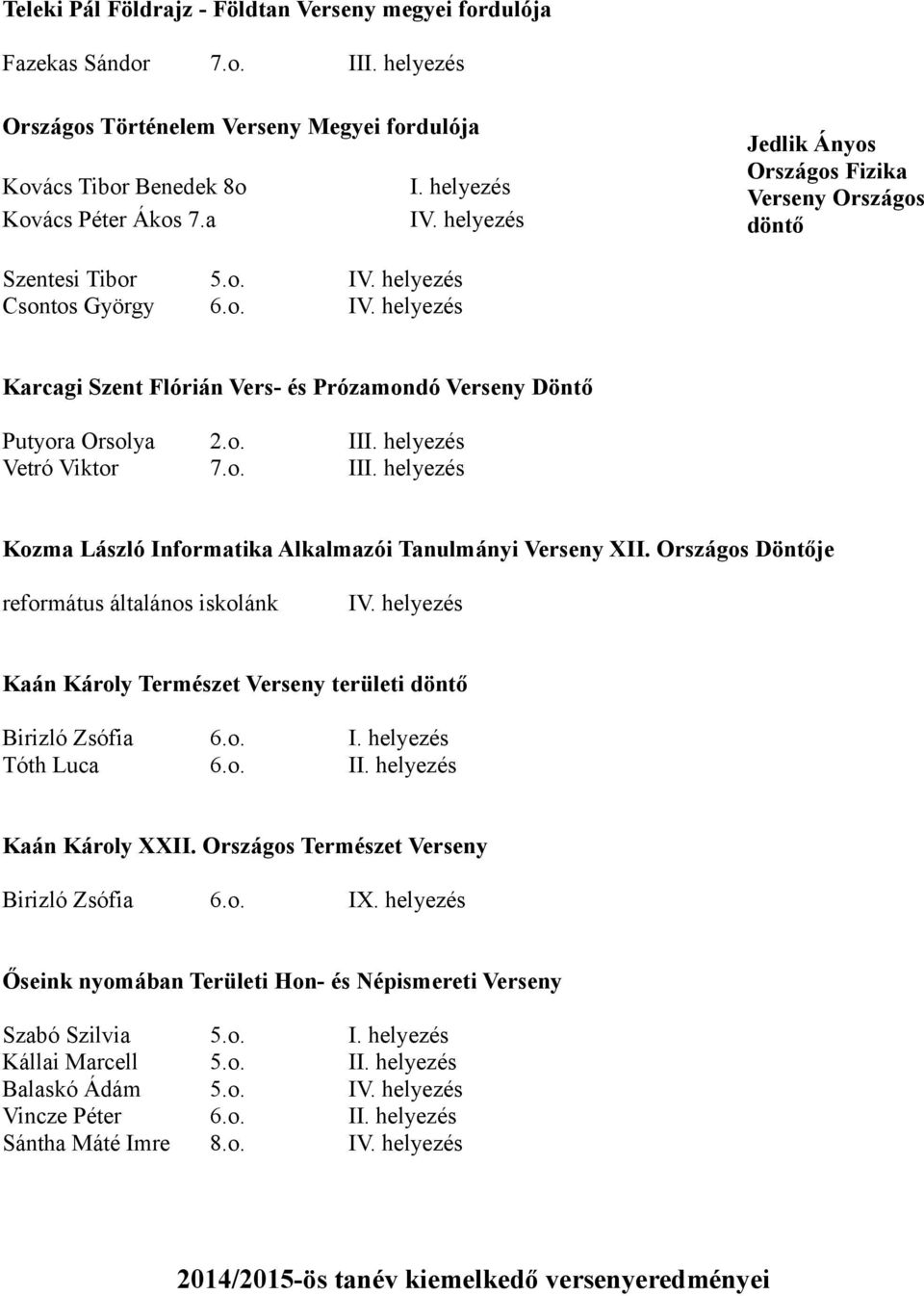 Országos Döntője református általános iskolánk Kaán Károly Természet Verseny területi döntő Birizló Zsófia Tóth Luca I Kaán Károly XXII. Országos Természet Verseny Birizló Zsófia IX.