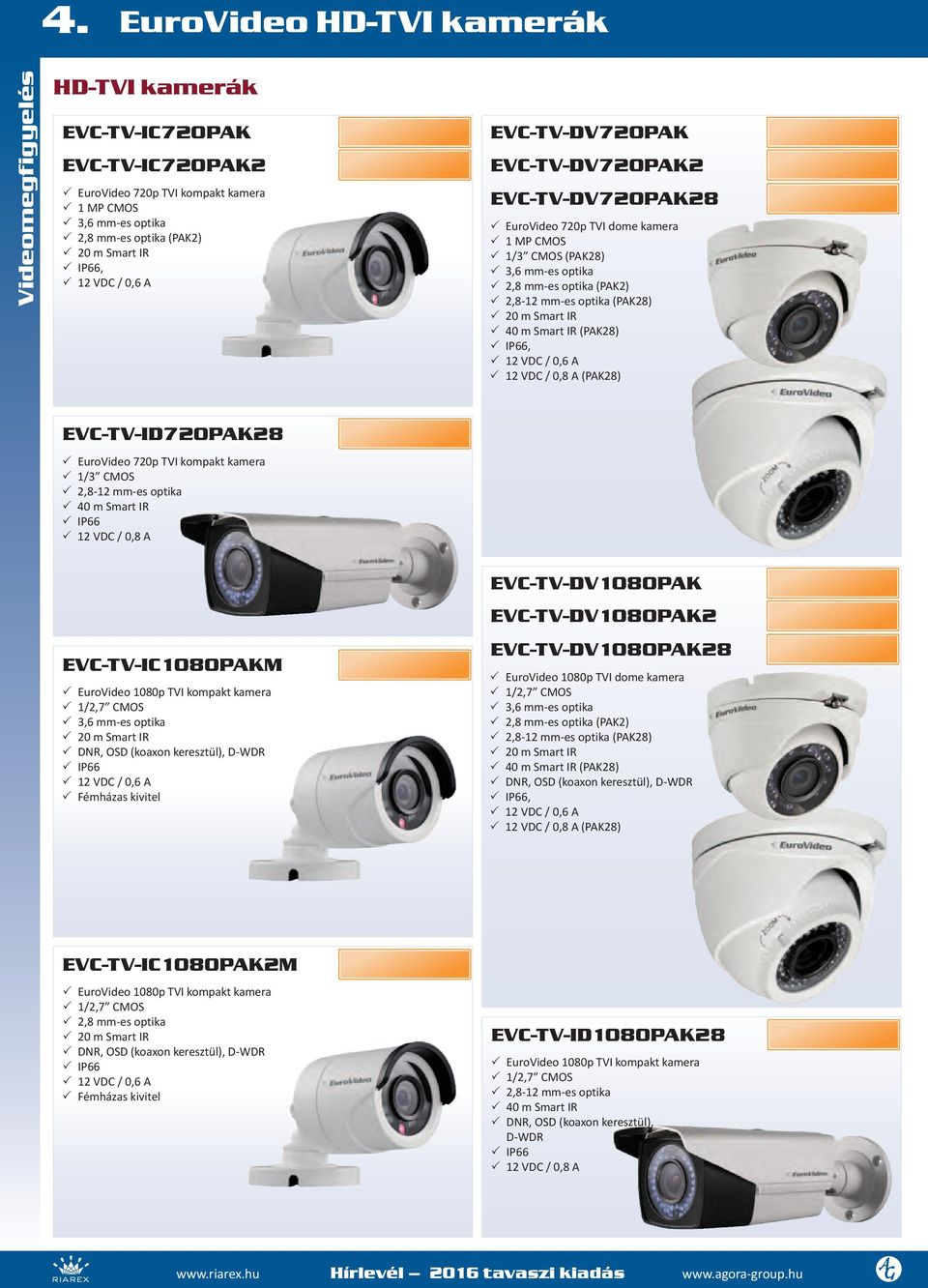 / 0,6 A 1 VDC / 0,8 A (PAK8) EVC-TV-ID70PAK8 EuroVideo 70p TVI kompakt kamera 1/3 CMOS,8-1 -es optika 40 m Smart IR 1 VDC / 0,8 A EVC-TV-IC1080PAKM EuroVideo 1080p TVI kompakt kamera 1/,7 CMOS 3,6